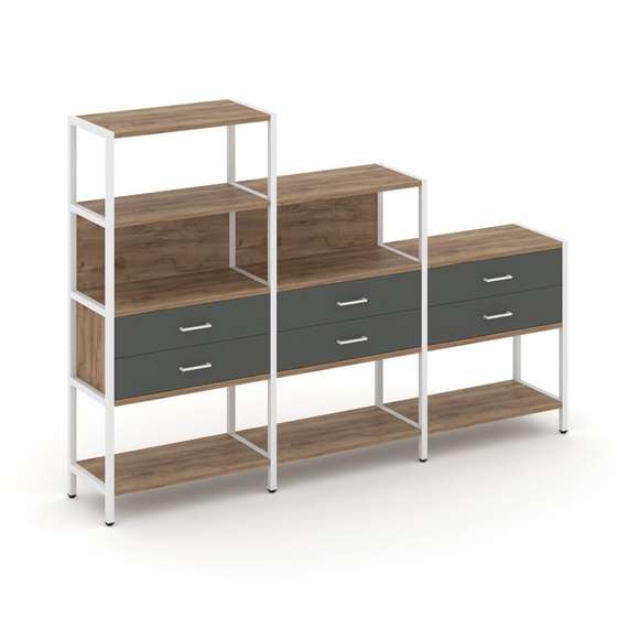 Shelf System Трехсекционный стеллаж четырех/трех/двухярусный с ящиками SN.STM-431 Дуб Табак/Антрацит