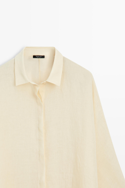 Massimo Dutti Короткое льняное платье-рубашка, светло-желтый