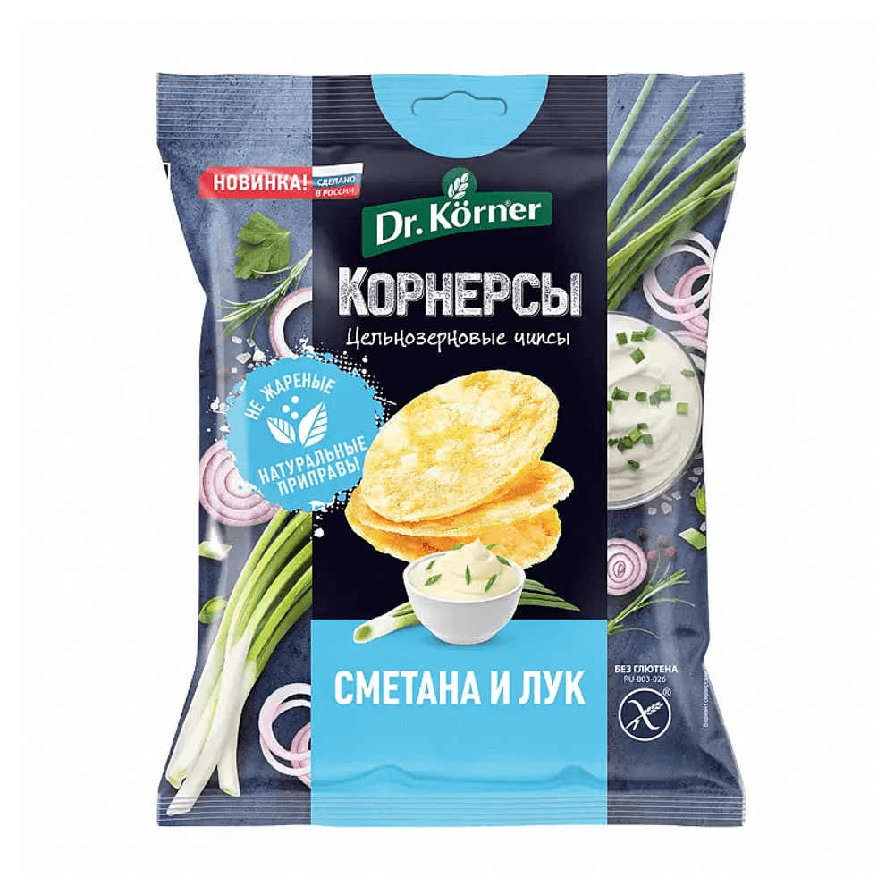 Dr.Korner Чипсы цельнозерновые кукурузно-рисовые, сметана и лук, 50гр, блок 14шт.
