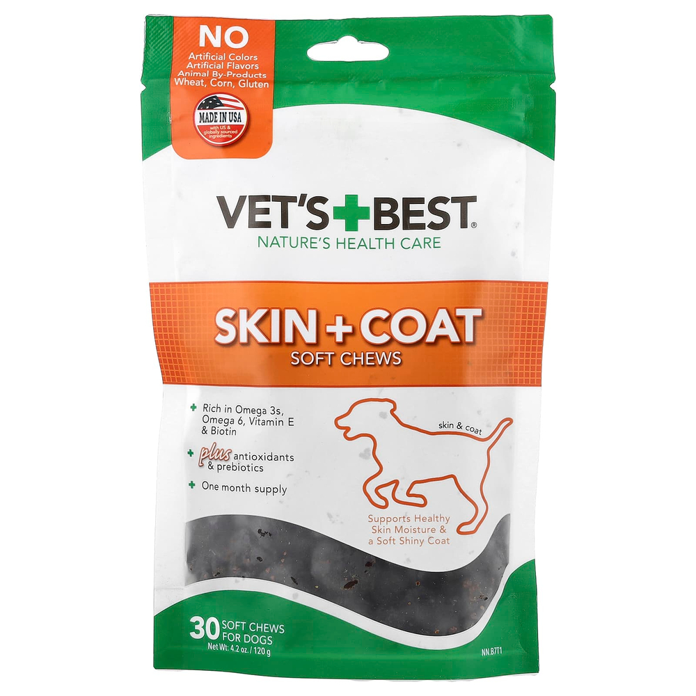 Vet's Best, жевательные таблетки для кожи и шерсти, для собак всех размеров, 30 жевательных таблеток, 120 г (4,2 унции)