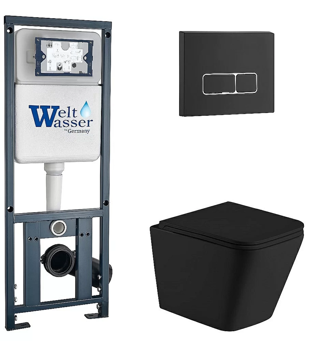 Унитаз подвесной WeltWasser MARBERG 410 + GELBACH 043 MT-BL + MAR 410 SE MT-BL черный матовый, безободковый, с крышкой микролифт, слив-торнадо, с инсталляцией и черной матовой кнопкой