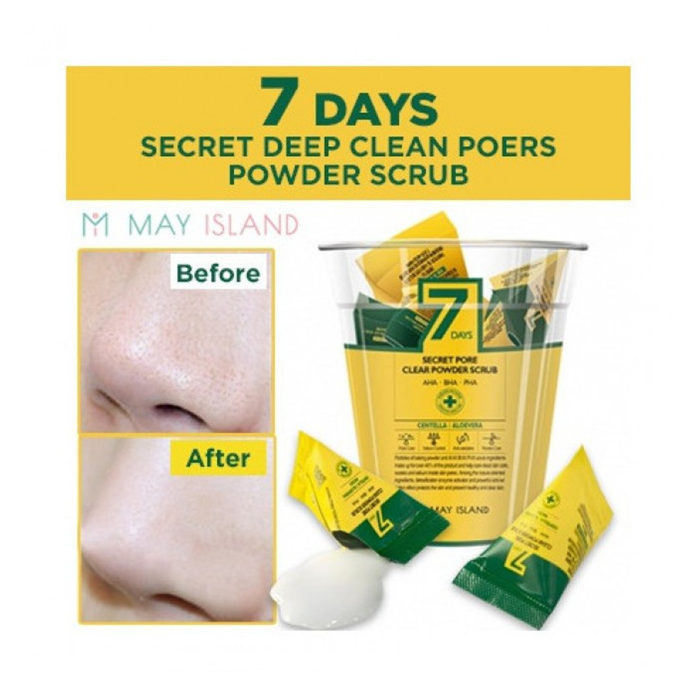 May Island 7Days Secret Pore Clear Powder Scrub скраб для глубокого очищения пор с экстрактом алоэ, центеллой и AHA/BHA/PHA кислотами