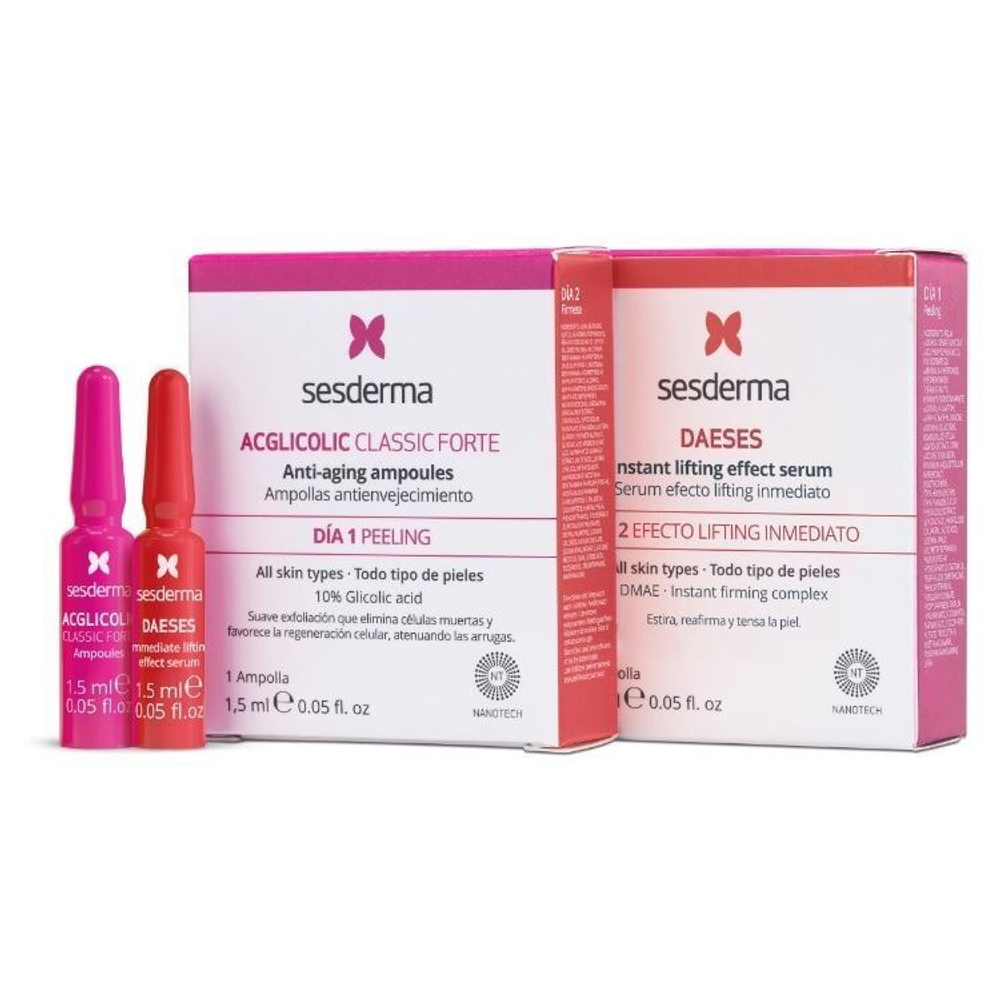 Sesderma TREATMENT FLASH PEELING + FIRMING - Набор для домашнего пилинга "Лифтинг" (ACGLICOLIC CLASSIC FORTE - Средство в ампулах 1,5 мл + DAESES Сыворотка "Мгновенный лифтинг" 1,5 мл)