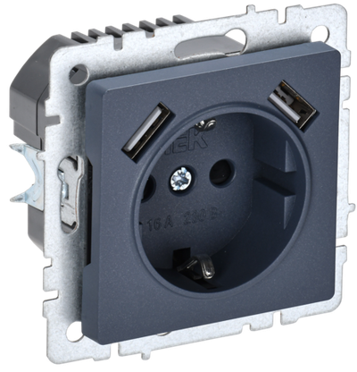 BRITE Розетка 1-местная с заземлением с защитными шторками 16А с USB A+A 5В 3,1А РЮш10-2-БрМ маренго IEK