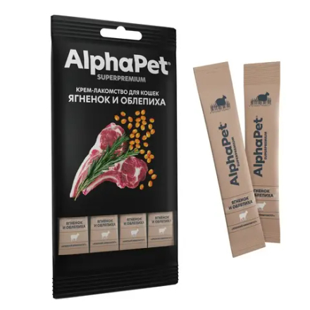 AlphaPet Superpremium крем-лакомство для кошек, ягненок облепиха - 48 гр