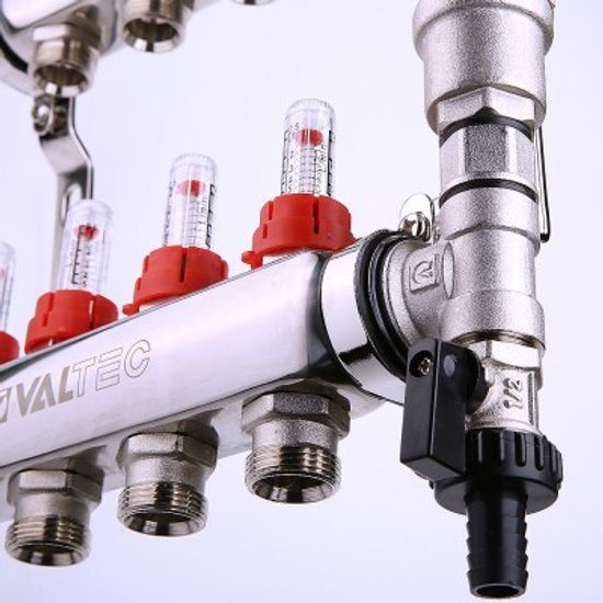 Коллекторный блок Valtec 1"x3/4" 3 выхода с расходомерами (нерж. сталь) VTc.589.EMNX.0603