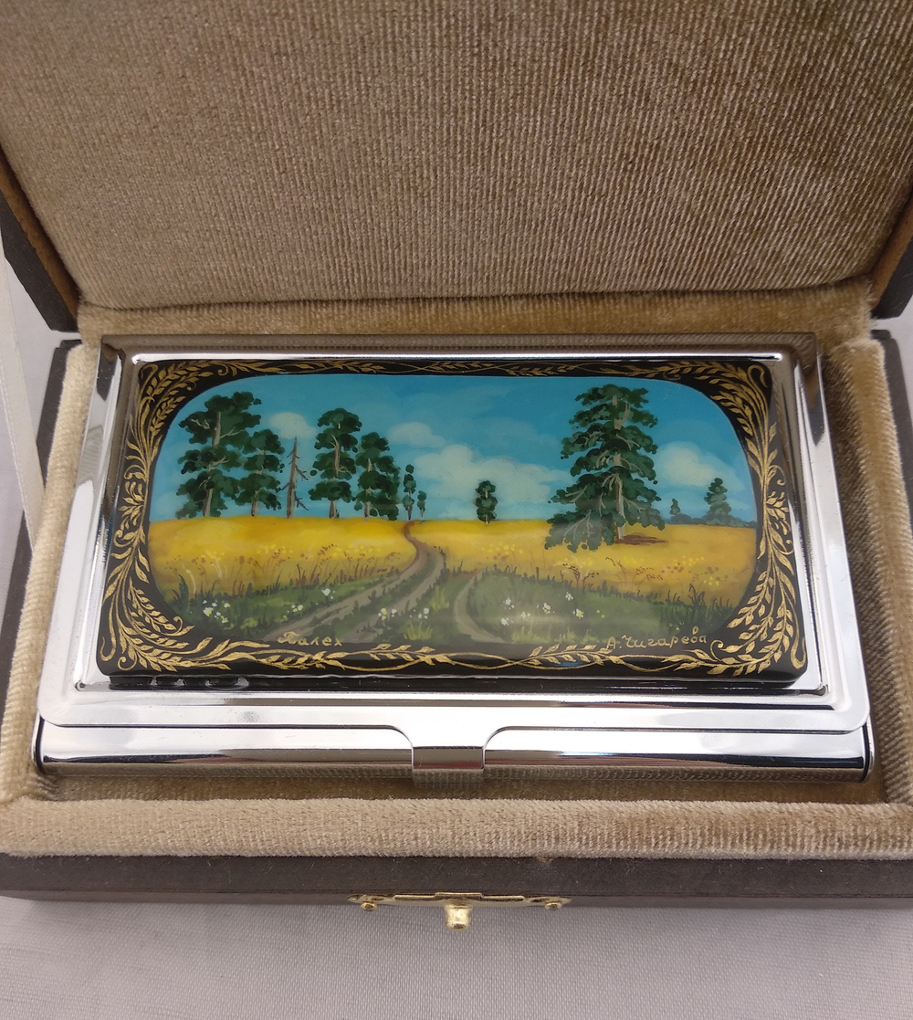 Визитница металлическая персональная "Картина Шишкина" (ручная роспись Палех)