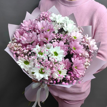 Букет из 5 кустовых хризантем сорта "Kennedy white" и "Kennedy rosy"