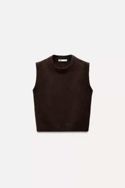 ZARA ОДНОТОННЫЙ ТРИКОТАЖНЫЙ ЖИЛЕТ, ТЕМНО-КОРИЧНЕВЫЙ