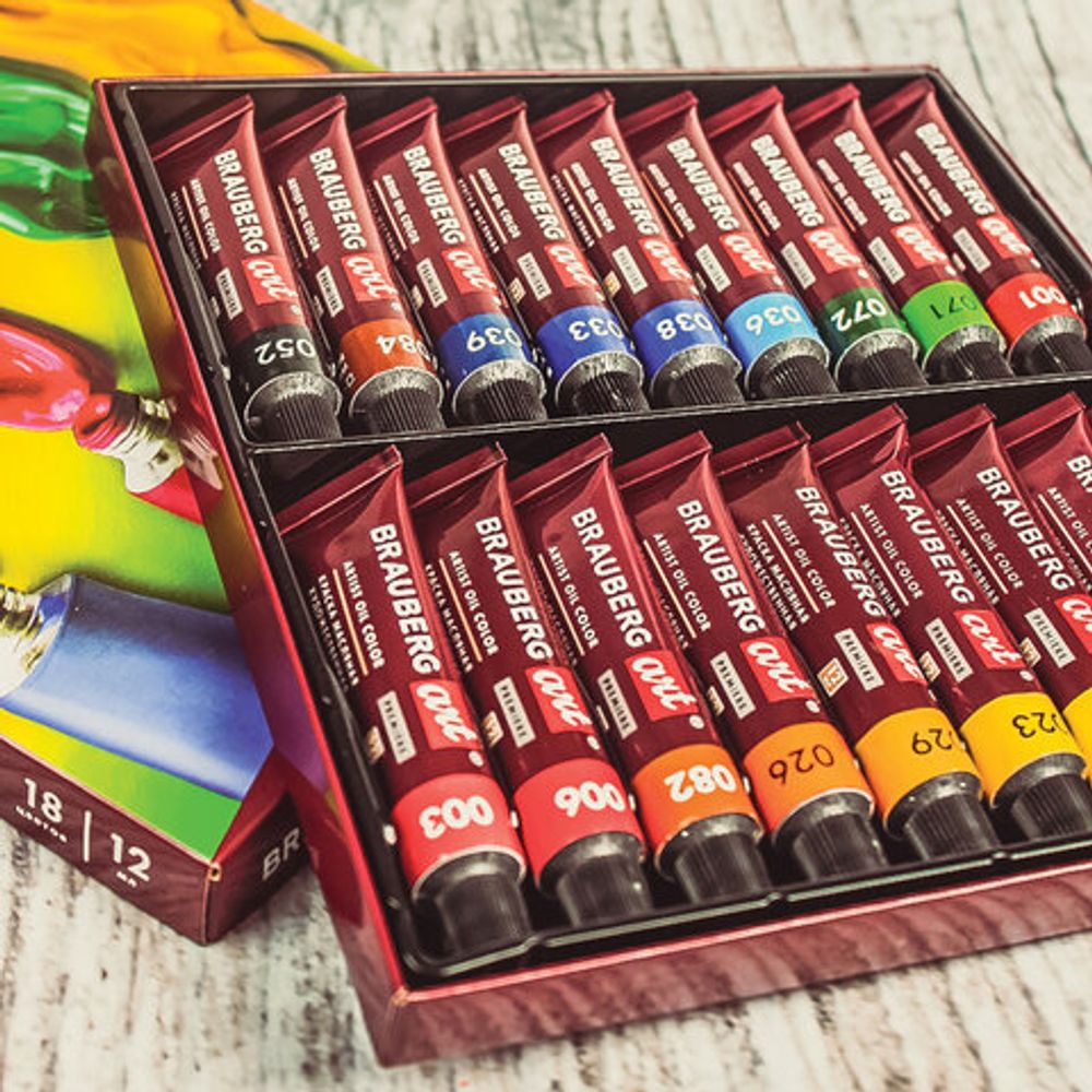 Краски масляные художественные BRAUBERG ART PREMIERE, 18 цв по 12 мл, проф. серия, в тубах, 191456