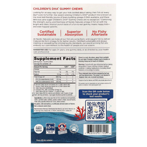 Nordic Naturals, DHA™, жевательные таблетки для детей, от 3 лет, тропический пунш, 30 жевательных таблеток (355 мг в 1 жевательной таблетке)