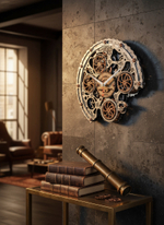Интерьер в стиле лофт с часами WOODandROOT Automaton Bite 1682 на серой стене рядом со столом, книгами и трубчатым телескопом