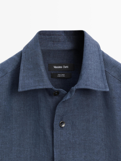 Massimo Dutti Рубашка из 100% льна, стандартного кроя, выцветший синий