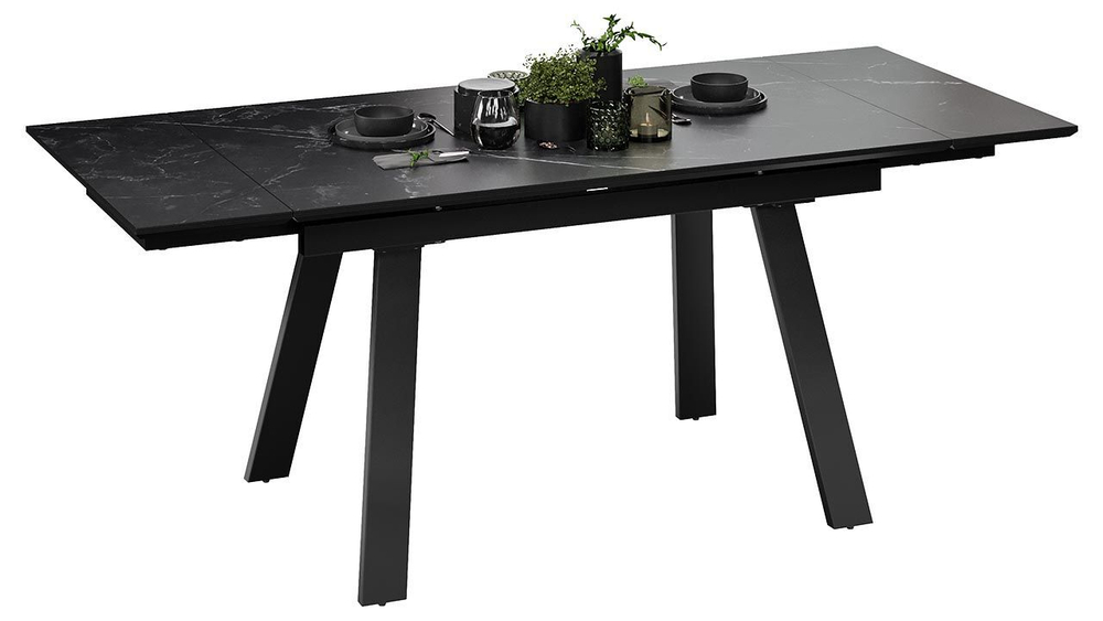 Стол кухонный обеденный раздвижной Черный муар/Керамика матовая серый мрамор 140(200)х85х76 см
