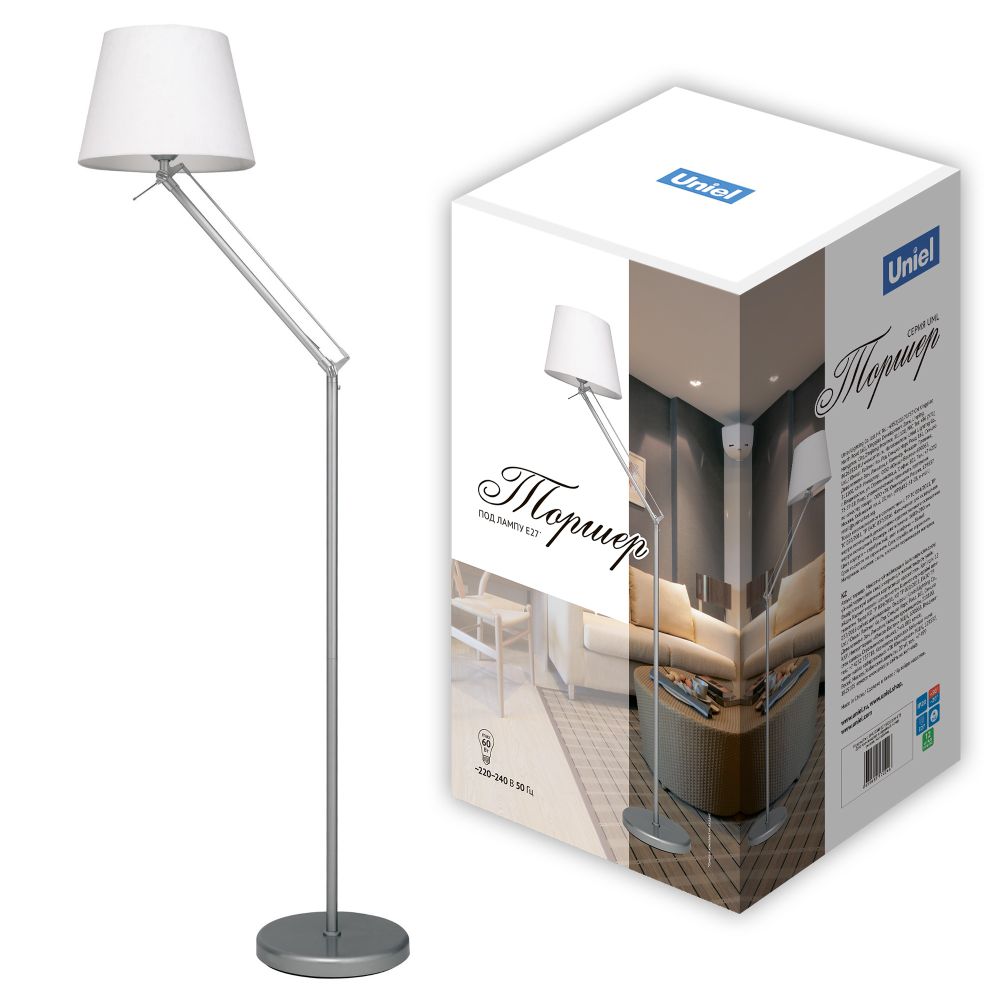 UML-T500 E27 SILVER-WHITE Торшер напольный под лампу Е27. 60W. с регулировкой наклона. Серебристый-Белый. ТМ Uniel