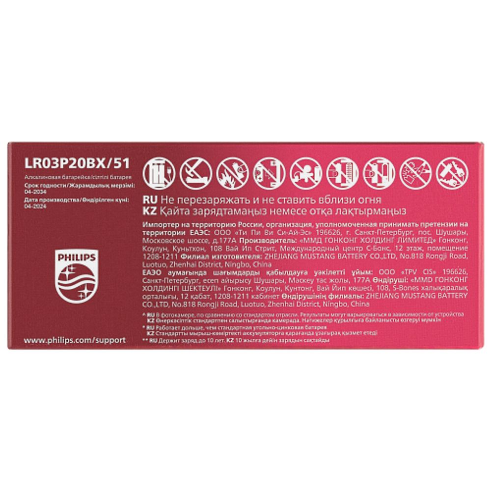 Батарейки Philips LR03P20BX/51 ААА алкалиновые 1,5v 20 шт. LR03-20BL Power