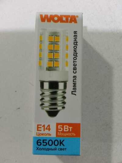 Лампа светодиодная WOLTA Т25 E14 (керамика) JCD 5 ватт 460лм 6500K кукуруза (для холодильников, шв. машинки)