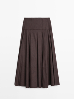 Massimo Dutti Юбка миди из смесовой шерсти с кокеткой, коричневый