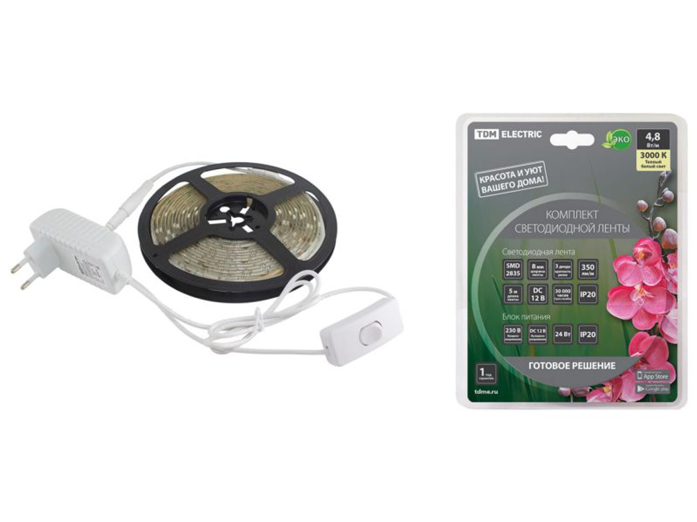 Лента светодиодная комплект SMD2835 60LED/м 12B 4,8Вт/м IP20 3000К 5м 24Вт TDM