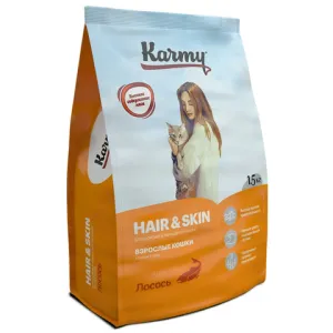 Сухой корм Karmy Hair & Skin для взрослых кошек, поддерживающий здоровье кожи и шерсти, с лососем