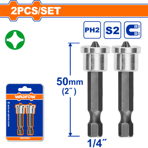 Бита с ограничителем 2 шт PH2x50 мм (25/100) WADFOW WSV5602