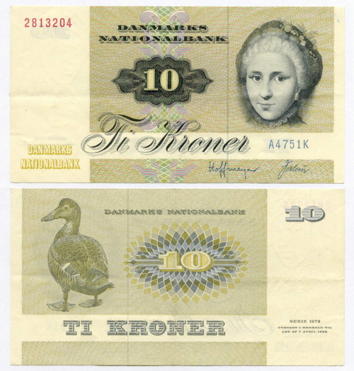 Банкнота Дания 10 крон 1972 (1975) год A4751K 2813204. VF-XF