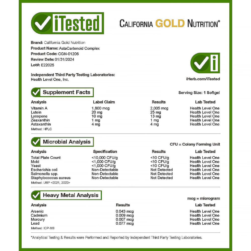 California Gold Nutrition, AstaCarotenoid, комплекс с лютеином, ликопином, астаксантином и витамином A, 30 вегетарианских капсул