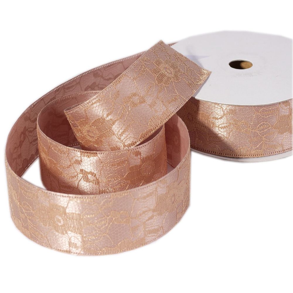 Декоративная лента двухслойная, 4 см, намотка 20 ярдов, розовое золото, дизайн рельеф цветов