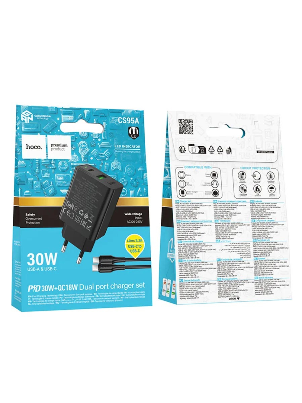 Сетевой адаптер питания HOCO CS95A PD 30W QC3.0 + кабель Type-C-Type-C (черный)
