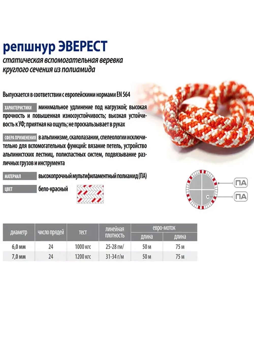 Репшнур ЭВЕРЕСТ 6,0 мм (50 м), 1000 кгс, евро-моток