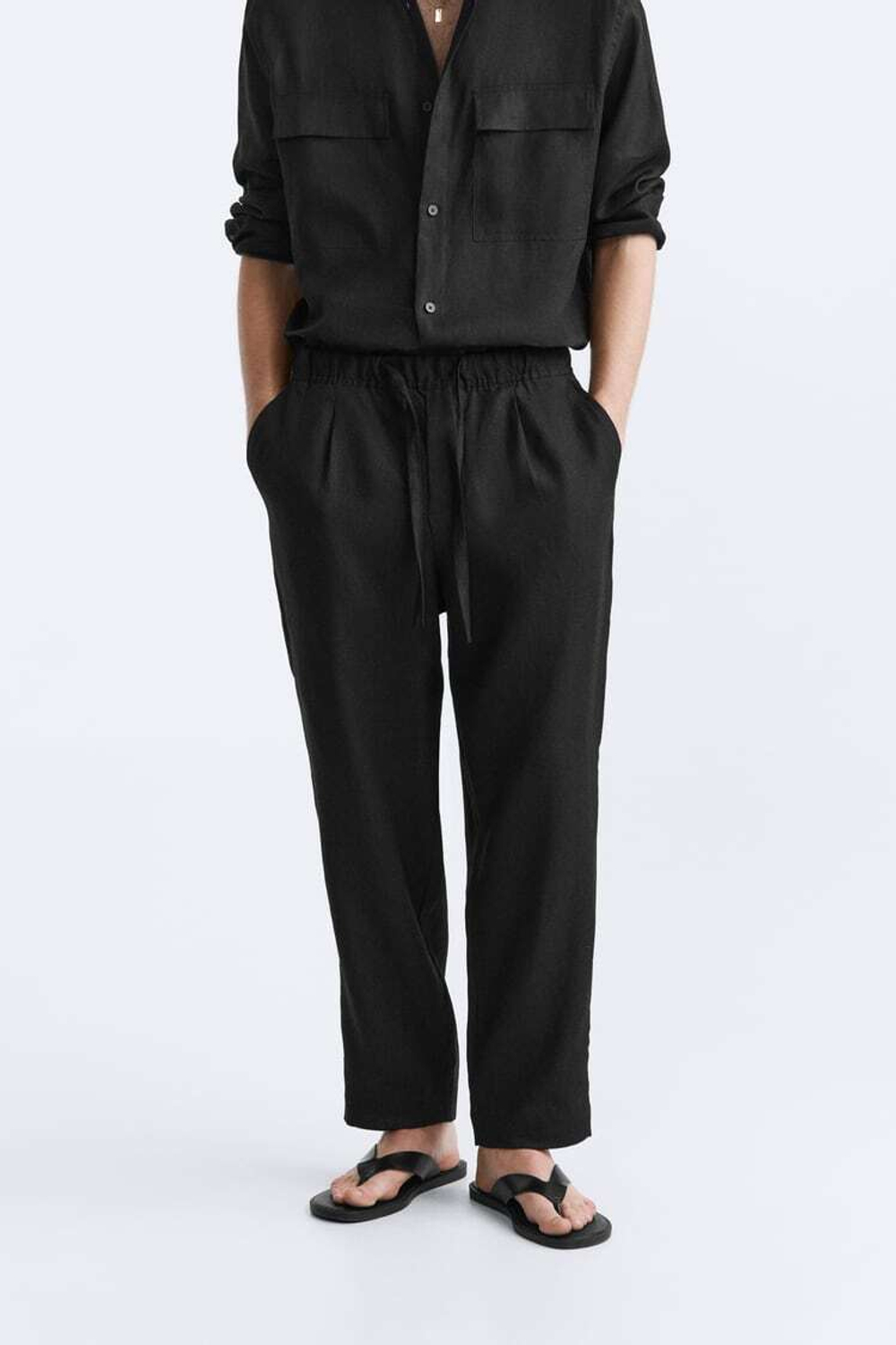 ZARA БРЮКИ-ДЖОГГЕРЫ ИЗ 100% ЛЬНА, ЧЕРНЫЙ