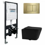Унитаз подвесной ABBER Rechteck AC1201MB черный матовый с инсталляцией AC0105 и кнопкой AC0120MMG золото матовое, безободковый, с крышкой микролифт