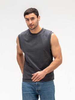 Майка мужская хлопковая на широких лямках. Графит