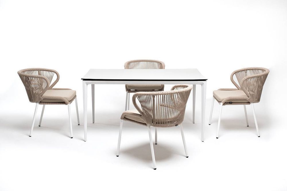 "Малага" обеденная группа на 4 персоны со стульями "Милан", каркас белый, роуп бежевый