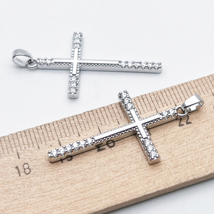 Подвеска Крест, цвет серебро (родий), фианиты, размер 35*20 мм + бейл, цена за 1 шт