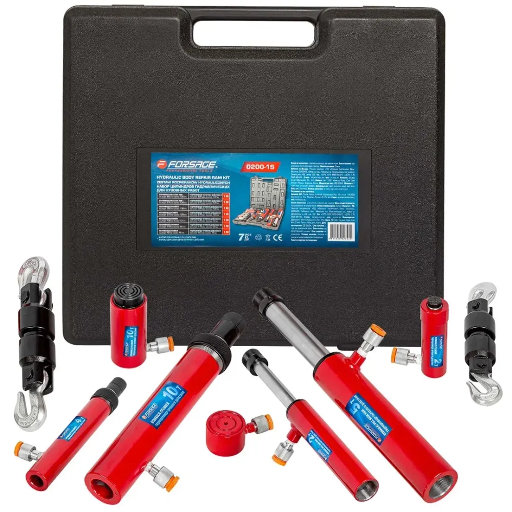 Комплект цилиндров гидравлических прямого и обратного действия 2т, 4т, 5т, 10т в пластиковом кейсе 7пр. Forsage F-0200-1S
