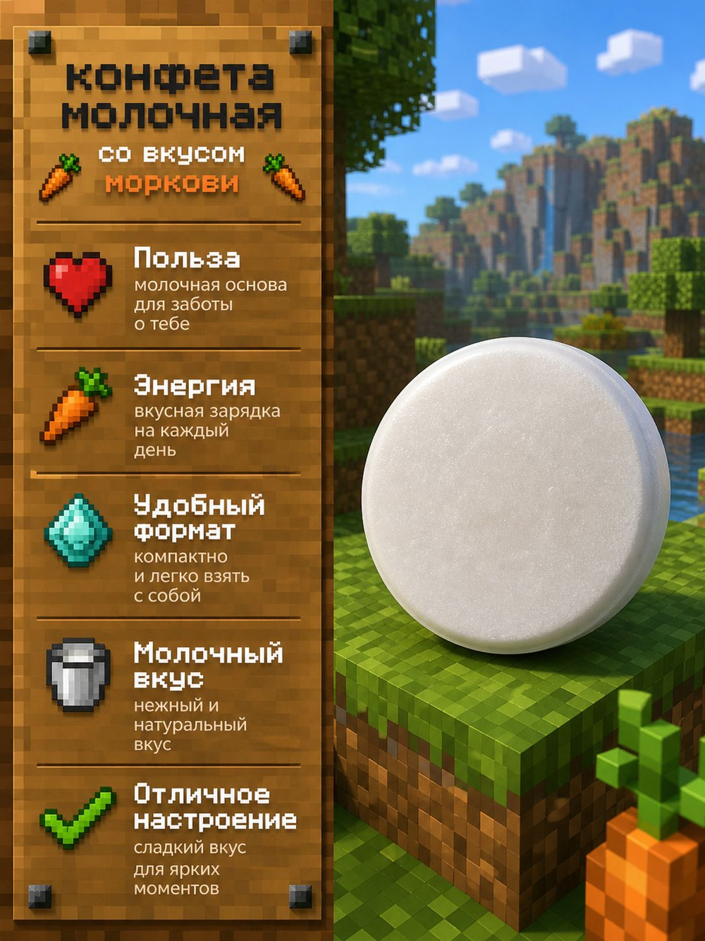 Энергетические таблетки в стиле Майнкрафт Молочная конфета без сахара