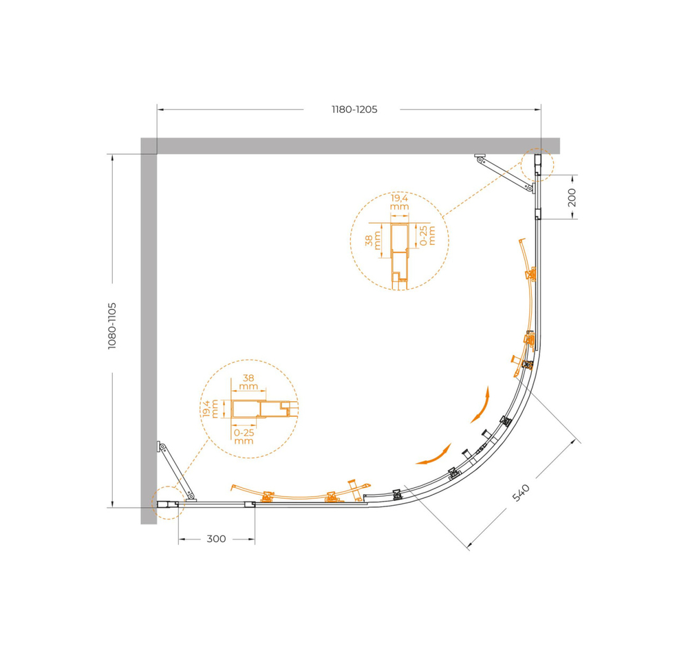 Душевой уголок Cezares MOLVENO-RH-22-120/110-C-BORO-IV, 120х110х195, профиль брашированное золото, прозрачное стекло