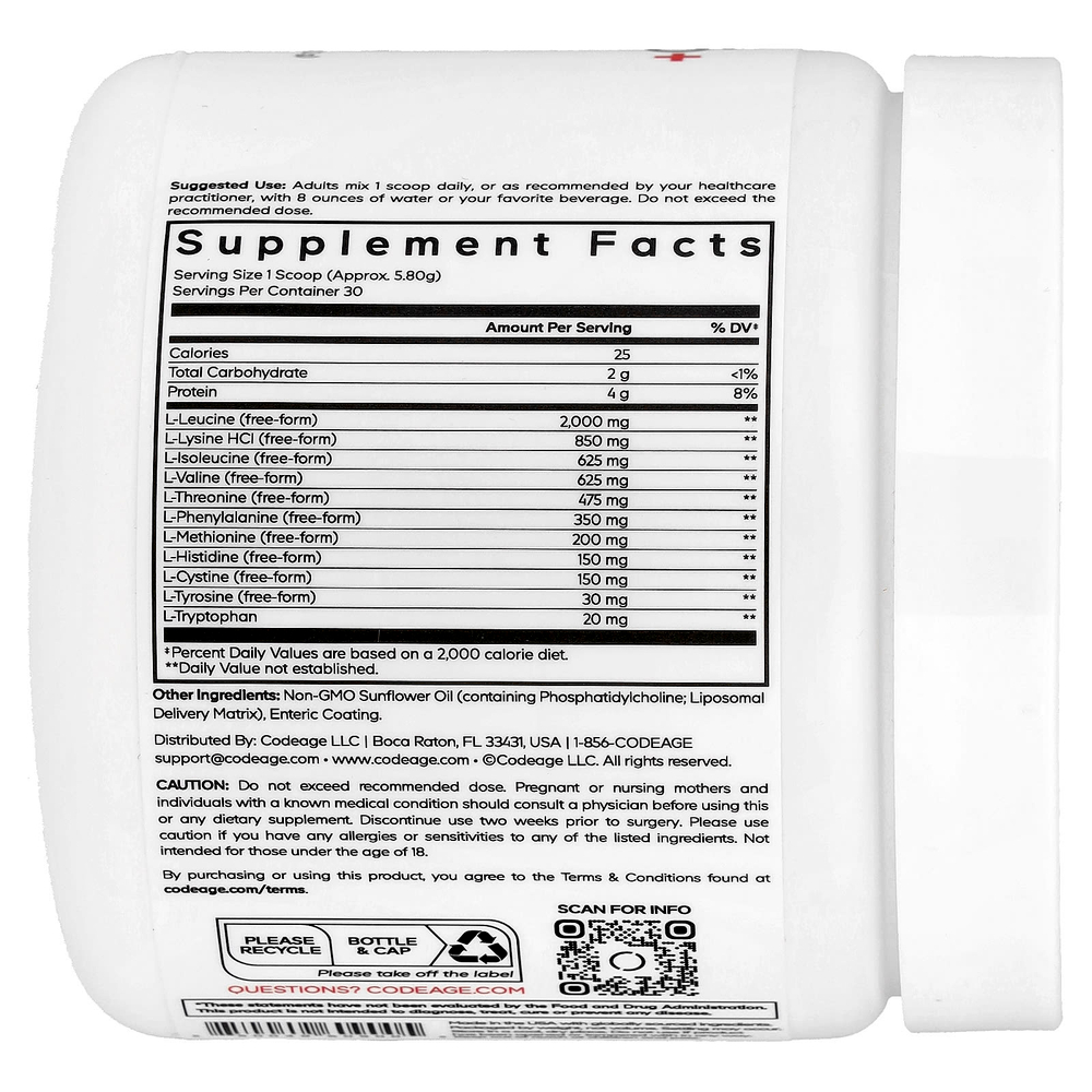 Codeage, Sport, Liposomal Multi Amino+, комплекс липосомальных аминокислот в порошке, без добавок, 174,2 г (6,15 унции)