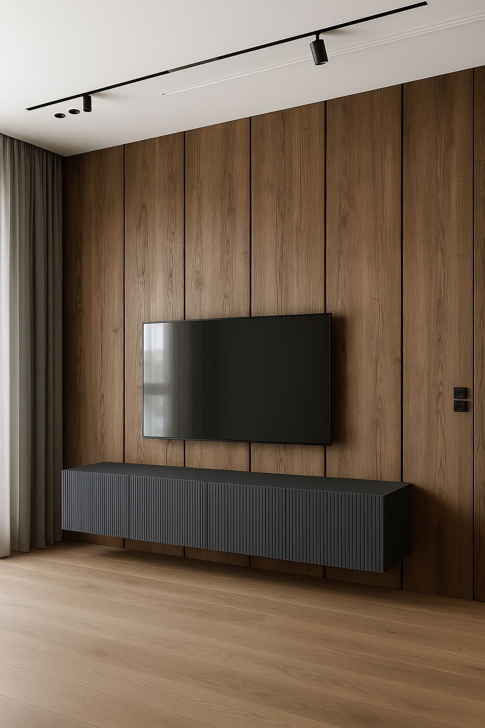 Подвесная тумба под ТВ 240 см белая матовая, МДФ, 4 откидных ящика, минимализм