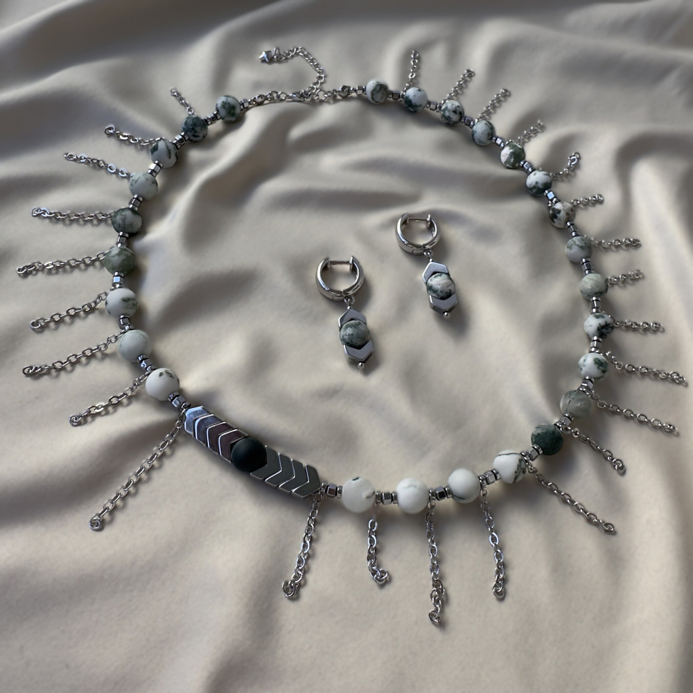 Комплект "Энергия ветра" с моховым агатом и цепочками