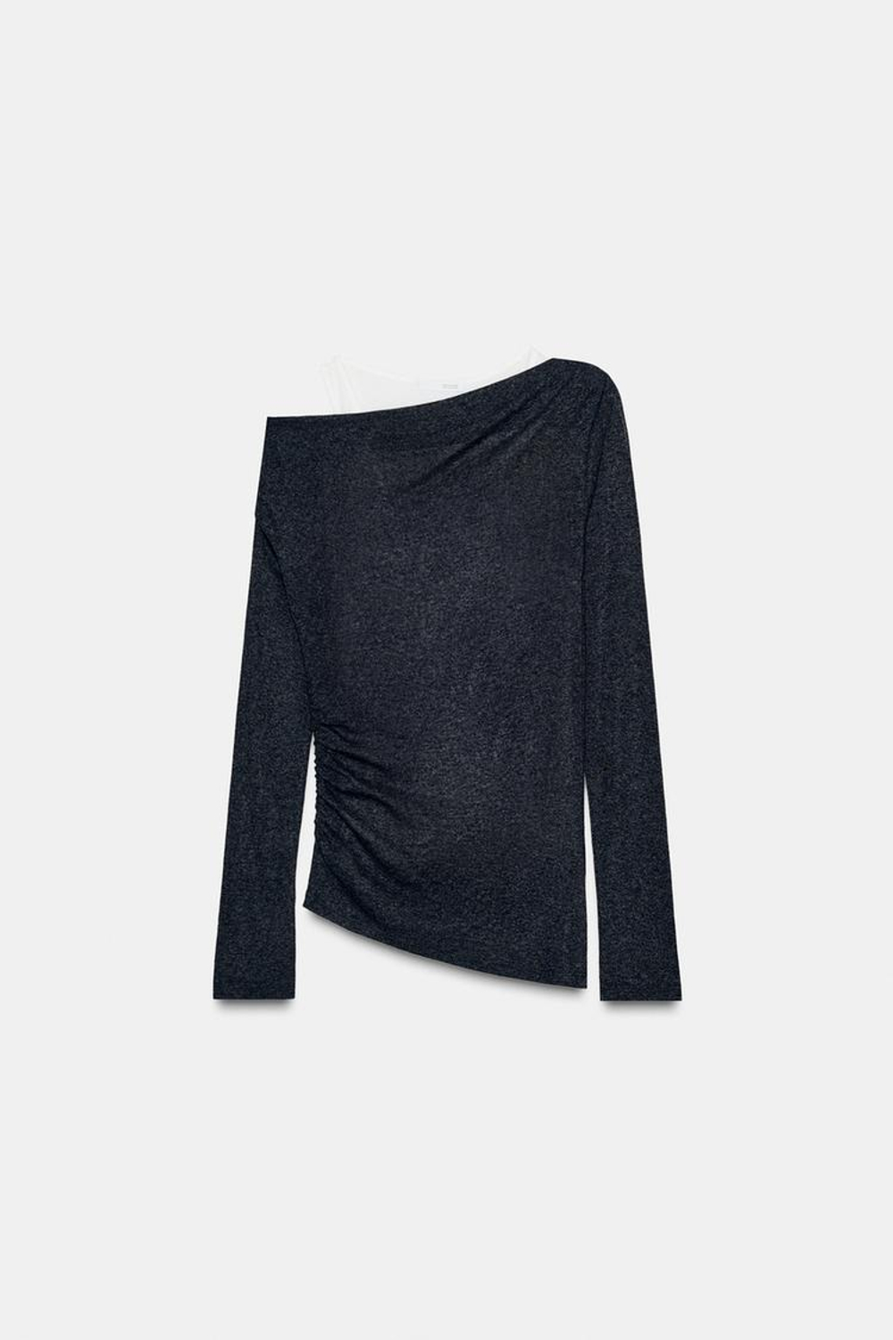 ZARA АСИММЕТРИЧНАЯ ФУТБОЛКА С ЭФФЕКТОМ ДВОЙНОЙ ТКАНИ, ТЕМНЫЙ АНТРАЦИТ