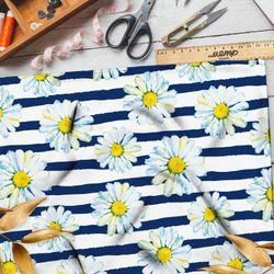 Ткань интерлок синие полоски и ромашки