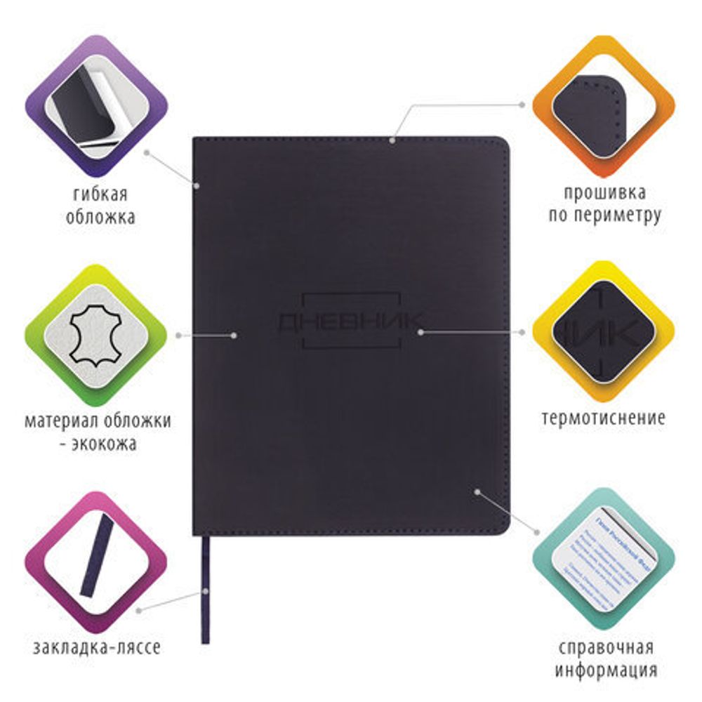 Дневник 1-11 класс 48 л., обложка кожзам (гибкая), термотиснение, BRAUBERG "LATTE", черный, 105444