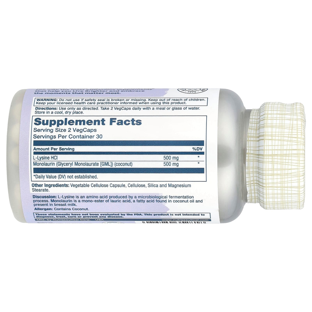 Solaray, L-лизин и монолаурин, в соотношении 1:1, 60 вегетарианских капсул