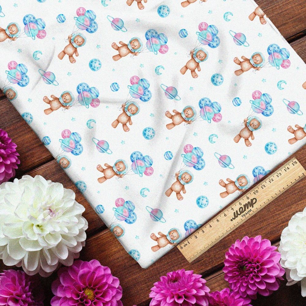 Ткань футер 2-х нитка мишки-космонавты с воздушными шарами