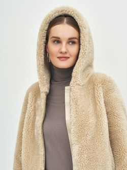 Искусственная шуба с капюшоном, бежевая, Северина