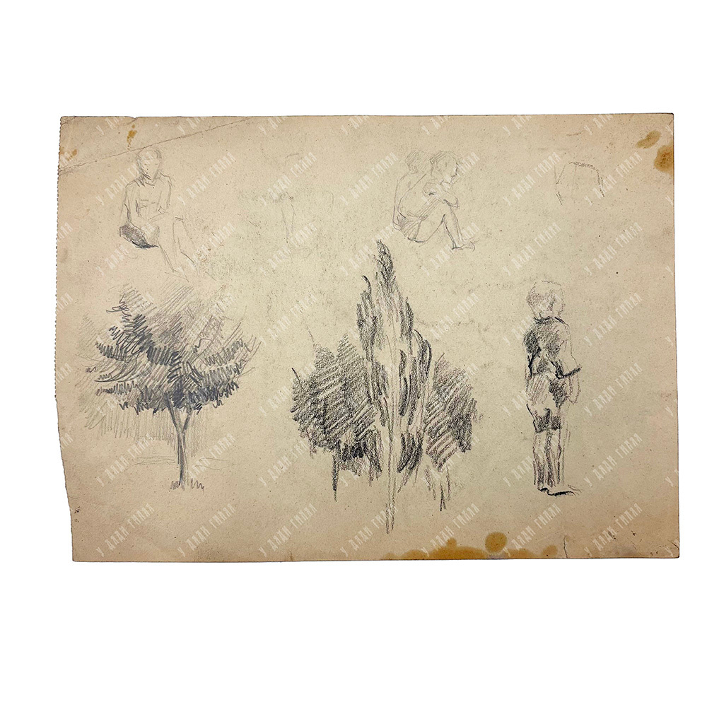 Динес Ю. С. Портрет мужчины за столом. Набросок. Бумага, тушь. 1943 г.