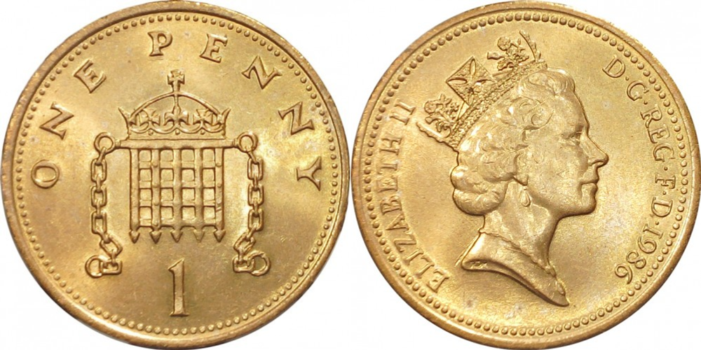 Великобритания 1 пенни, 1985-1992 Королева Елизавета II XF