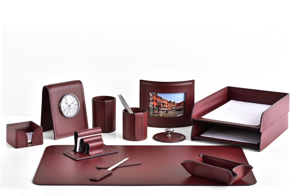 Настольный набор 12 предметов, натуральная  кожа, цвет бордо